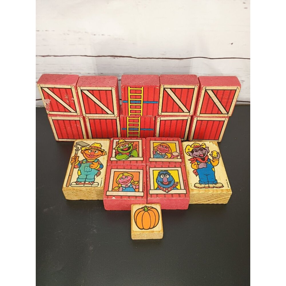 Vintage 1980s Sesame Street Wooden Blocks With Farm Characters & Barn Doors Educ